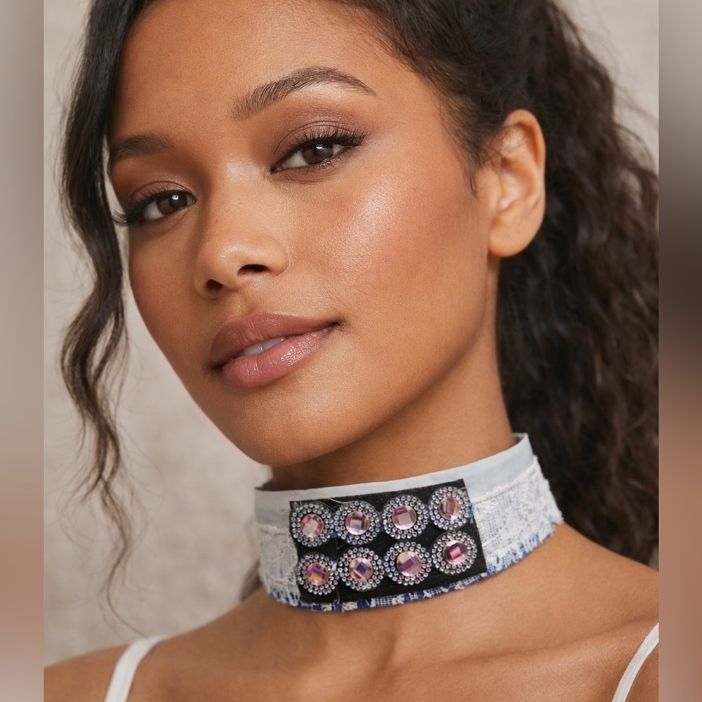 ARTISAN DENIM LACE RHINESTONE CHOKER – OOAK STATEMENT 💎 HANDMADE COLLAR NECKLACE